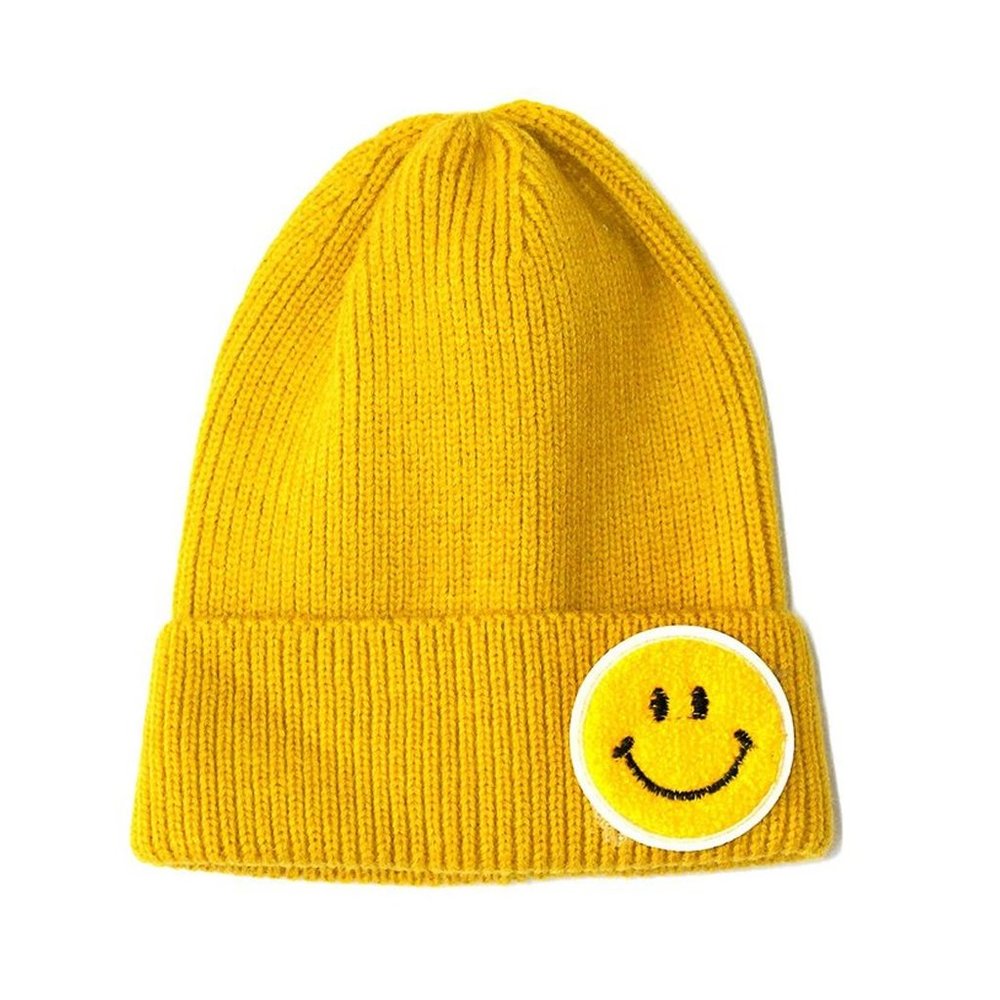 Mustard Gold Yellow with White Chenille Patch Smiley/Happy Face Knitted-Beanie